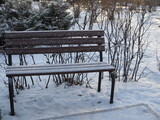 Fototapeta Most - Wooden bench in the snow. First snow. Change of seasons.