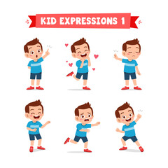 cute little kid boy in various expressions and gesture set