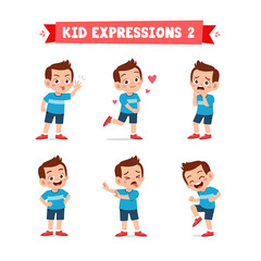 Wall Mural - cute little kid boy in various expressions and gesture set