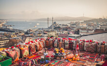 Great Panoramic View Of Istanbul From High Terrace Decorated Traditional Colorful Ornamental Pillows