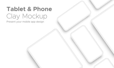 mobile app design tablet computer and smartphone clay mockup with space for text isolated on white b