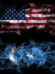 United States of America, America, US, USA, American vs East Turkestan, Uyghurs, Uyghur smoky mystic flags placed side by side. Thick colored silky abstract smoke flags