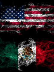 Wall Mural - United States of America, America, US, USA, American vs Mexico, Mexican smoky mystic flags placed side by side. Thick colored silky abstract smoke flags