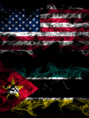 United States of America, America, US, USA, American vs Mozambique, Mozambican smoky mystic flags placed side by side. Thick colored silky abstract smoke flags