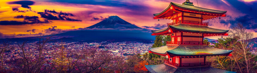 Poster - HDR sunset of Chureito Pagoda and Mt. Fuji in autumn