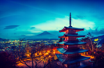 Sticker - Mt. Fuji with Chureito Pagoda at dusk. Beautiful Japanese scenery