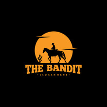 Cowboy Riding Horse Silhouette At Night Logo