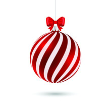 Red Christmas Ball With White Stripes And And Bow Isolated On White Background