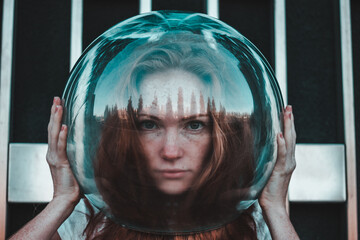 Wall Mural - The girl has an aquarium on her head. Portrait