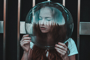 Wall Mural - The girl has an aquarium on her head. Portrait