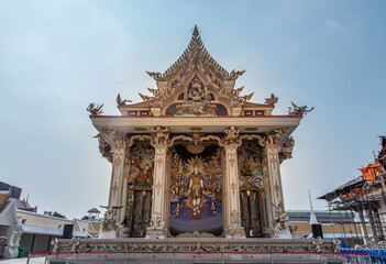 Bangkok, Thailand. Feb-08, 2020 : Stucco figure about Buddhism around the Main vihan buddhist temple of Wat Pariwas. Pariwas temple is an amazing and beautiful temple in Bangkok,No focus, specifically