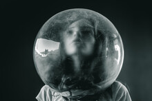 The Girl Has An Aquarium On Her Head. Portrait