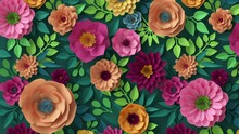 3d Render, Abstract Botanical Background Animation, Blooming Live Image, Creative Floral Wallpaper, Motion Design, Abstract Pink Peachy Orange Yellow Paper Flowers Growing Over Dark Green Wall