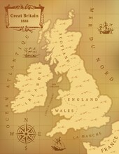 Old Map Of Great Britain. Vintage Style. Sepia.