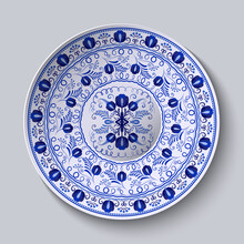 Porcelain Plate With Blue Round Ornament In Ethnic Style. Decorative Pattern In The Style Of National Flower Painting. Ornate Floral Decor. Realistic 3D Decor.