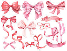 Hand-drawn Watercolor Bows And Ribbons. Colored Decorative Bows For Cards, Invitations, Scrapbooking, Decor
