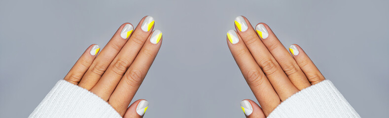 Banner made with perfect minimalistic manicure with geometry in trendy colors of year 2021.