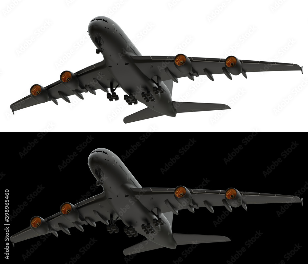Flying airplane isolated on white and black background for banners. 3d ...