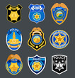 © passionart - Police badges set vector. Sheriff, marshal label illustrations. Law enforcement emblems for national days. Ranger, policeman medallions.