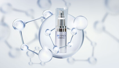 Beauty cosmetic product with molecule.cosmetics bottles mockup banner.Realistic 3d vector