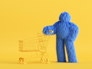 Wall Mural - 3d render, funny Yeti cartoon character stands with empty shopping cart, hairy blue monster toy. Sale concept. Commercial clip art isolated on yellow background