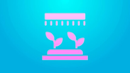 Poster - Pink line Automatic irrigation sprinklers icon isolated on blue background. Watering equipment. Garden element. Spray gun icon. 4K Video motion graphic animation