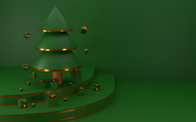 Merry Christmas and tree christmas with gift box and ball glossy on podium 2 layer green background. 3d rendering