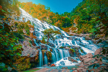 Amazing Deep Forest Big Waterfall At Mae Ya Waterfall, Doi Inthanon National Park Chiangmai, Thailand. Translate Text " Mae Ya Waterfall "