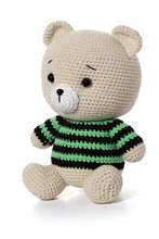 Handmade Toy Beige Bear On A White Background. Knitted Toy. Full Depth Of Field. With Clipping Path.