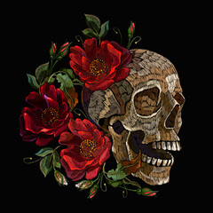 Wall Mural - Embroidery human skull and red roses flowers. Halloween art. Medieval style. Fashion clothes template and t-shirt design. Dark gothic art