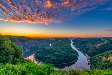 Sunrise view of Saar river valley near Mettlach. South Germany 