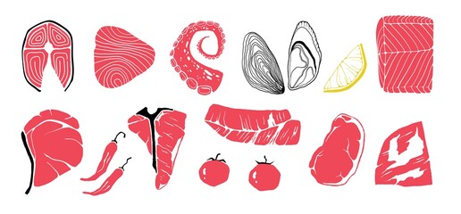 Wall Mural - Meat cuts. Doodle beef or pork, chicken and fish. Steaks and filet, spices or tomatoes, pieces of lemon. Isolated oysters and tentacles octopus. Butcher or sea products store advertising, vector set