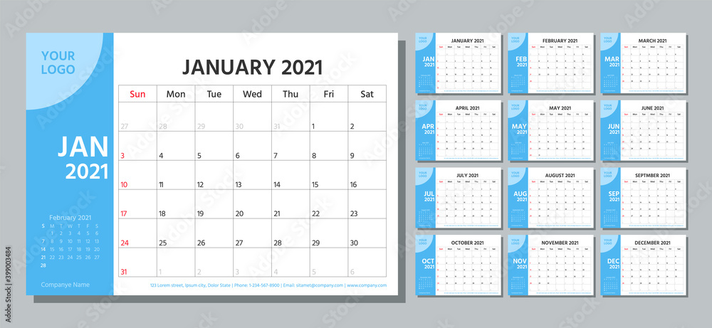 Planner 2021 year. Calendar template. Week starts Sunday. Vector. Yearly stationery organizer. Table schedule grid. Calender layout. Horizontal monthly diary with 12 month. Simple illustration. - obrazy, fototapety, plakaty 