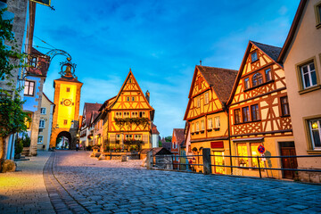 Sticker - Untere Schmiedgasse street at dawn.  Rothenburg ob der Tauber. Germany