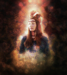 Aufkleber - beautiful shamanic woman and ornamental background.