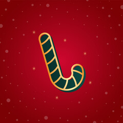 Wall Mural - Candy cane icon. Christmas icon in golden color with Happy Xmas snowflakes red background.