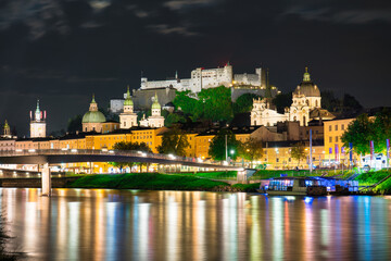 Poster - Salzburg at night. City skyline with Festung Hohensalzburg castle, Austria