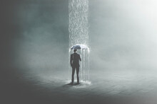 Illustration Of Unlucky Business Man Under Rain, Surreal Concept