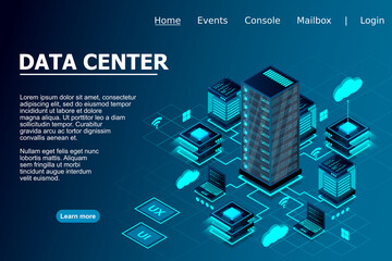 Wall Mural - illustration of servers connected with main server and laptop on blue background isometric design fo
