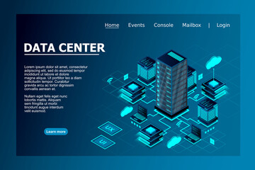 Wall Mural - illustration of servers connected with main server and laptop on blue background isometric design fo