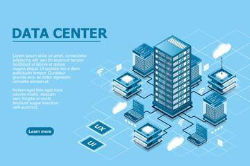 Wall Mural - illustration of servers connected with main server and laptop on blue background isometric design fo