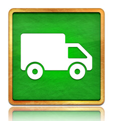 Wall Mural - Delivery truck icon chalk board green square button slate texture wooden frame concept isolated on white background with shadow reflection