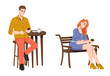 © Sensvector - People use smartphone in public places, in park woman sitting on bench, man in cafe at table with cup of coffee. Vector adult male and female with mobile phones outdoors, chatting freelancers