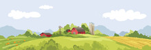 Abstract Rural Landscape With Farm House. Vector Illustration, Wheat Fields And Meadows. Harvest Time.	
