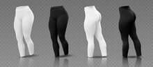 Women’s Leggings Mockup In  Different Sides, Black And White Isolated On A Gray Background. 3D Realistic Vector Illustration