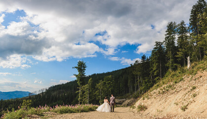 Wall Mural - A couple of brides in the picturesque Carpathians, a mountain range of the Ukrainian Carpathians.