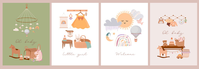 Wall Mural - Set of cute boho baby cards in Scandinavian style. Cartoon doodle kids clipart for baby shower invitation card, poster. Editable vector illustration.