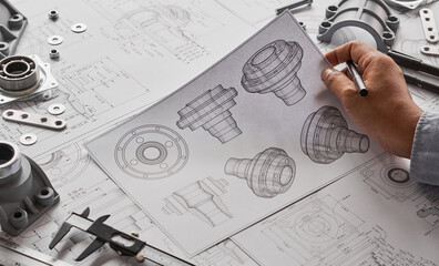 Fototapete - Engineer technician designing drawings mechanical parts engineering Engine.manufacturing factory Industry Industrial work project blueprints measuring bearings caliper tools