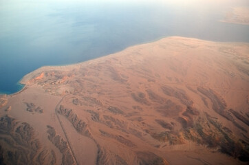  View from the airplane window of the mountains and sea resort of Egypt, Sharm El Sheikh.Flight from Kiev