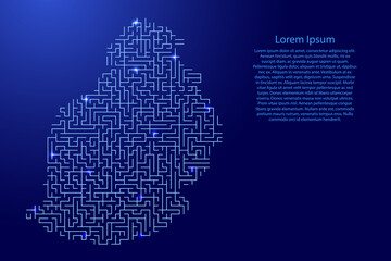 Wall Mural - Mauritius map from blue pattern of the maze grid and glowing space stars grid. Vector illustration.